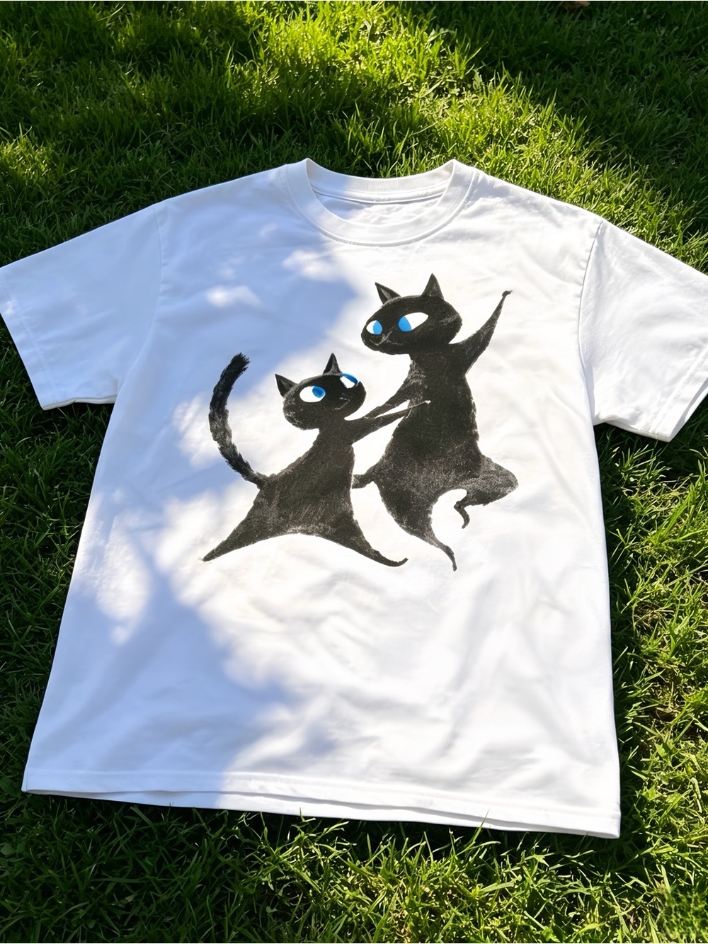 Cute dancing black cat design, white unisex T-shirt.